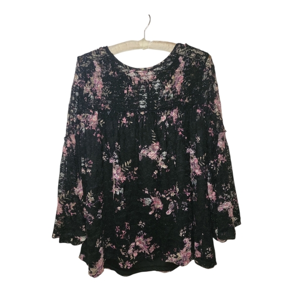 Black Floral Top 3/4 Bell Sleeves Boho L 12 14 - Picture 1 of 5